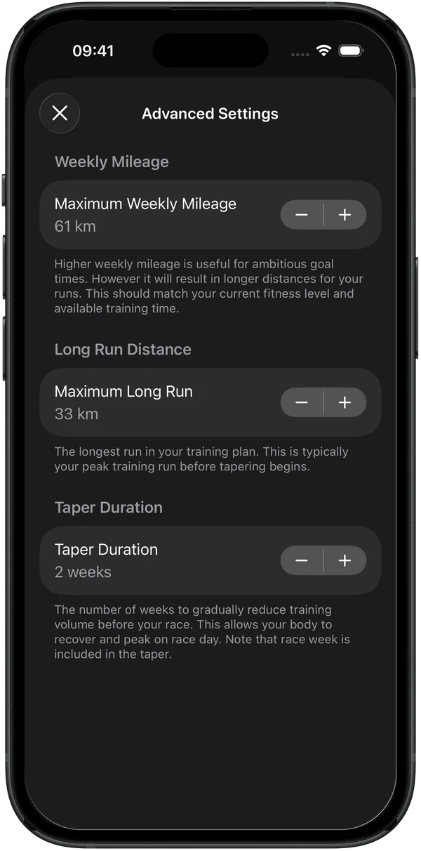 Advanced settings: weekly mileage, long run distance and taper duration