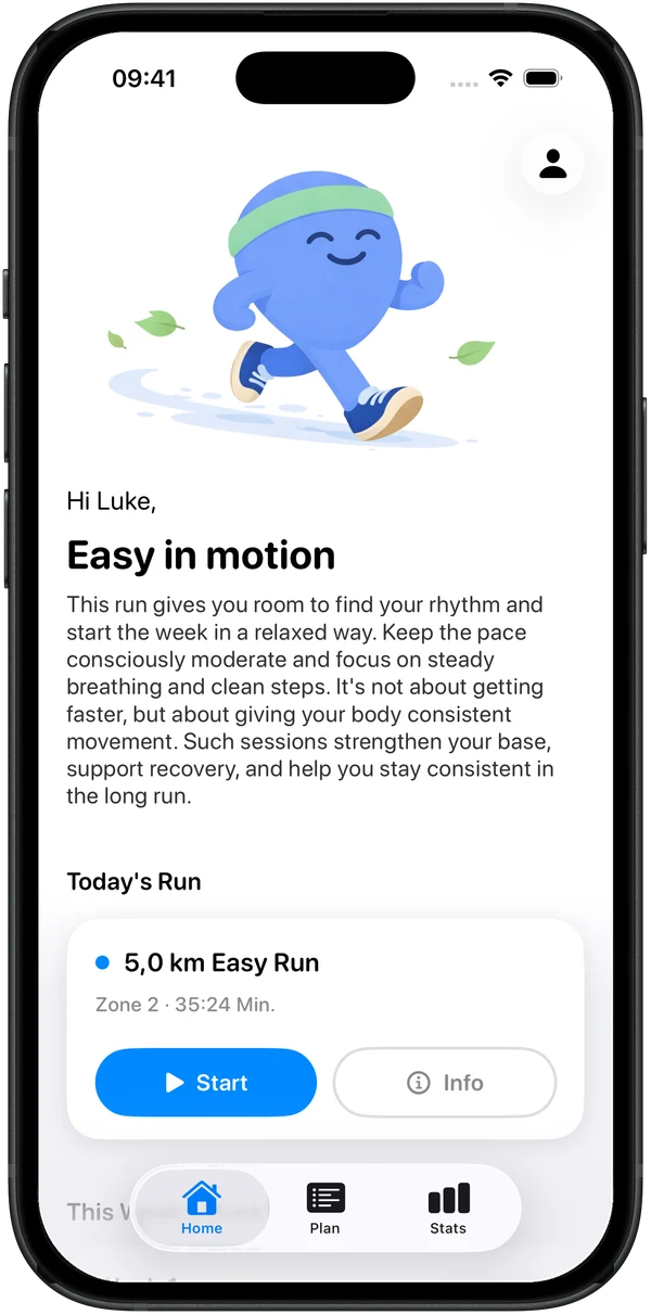 Today tab with today's easy run and a short coaching note