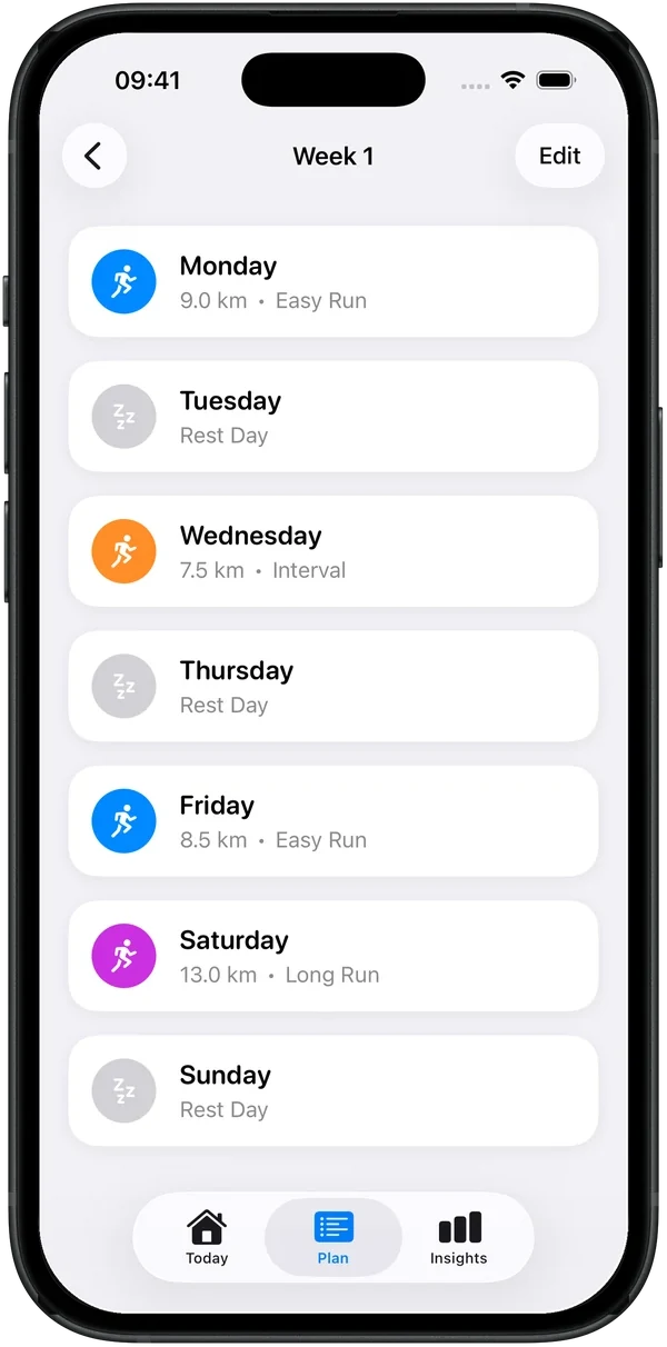 Week 1: easy run Monday, interval Wednesday, easy run Friday, long run Saturday